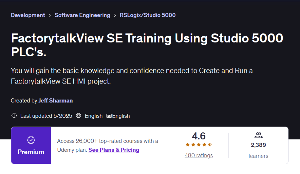 FactoryTalk View SE training course using Studio 5000 PLCs on Udemy.
