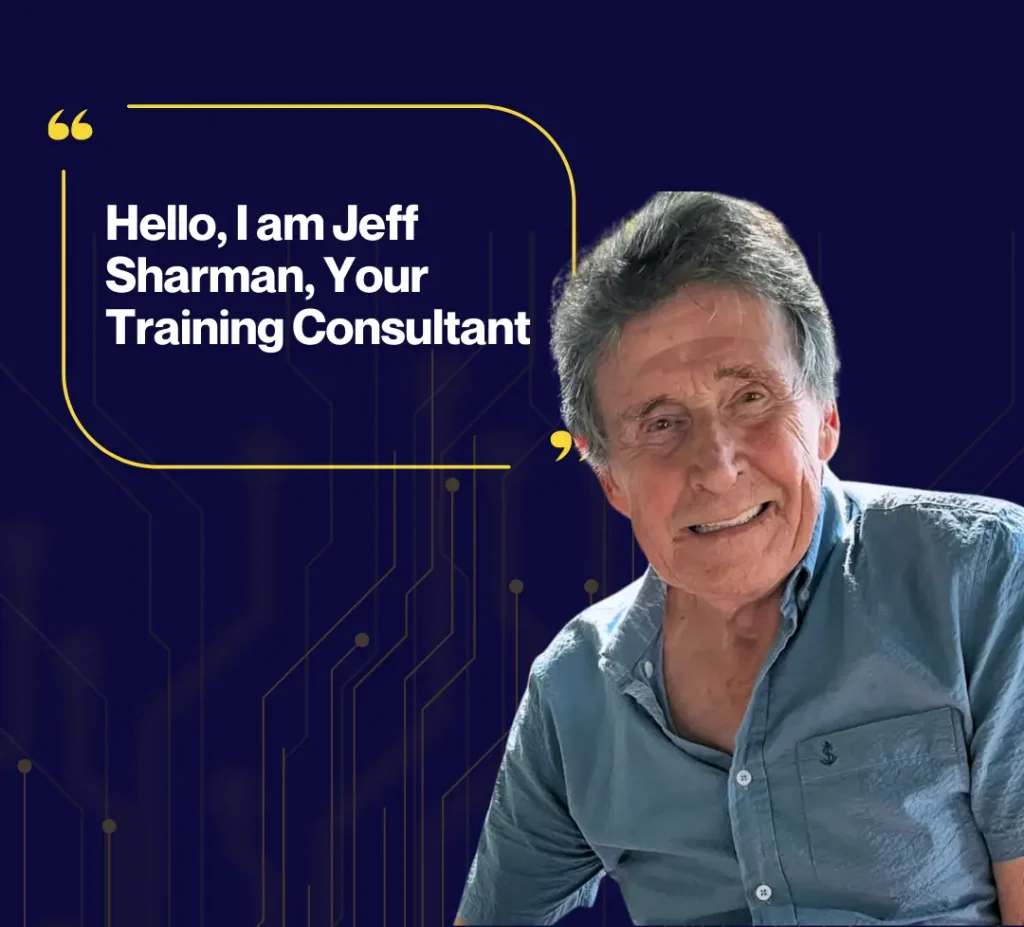 Portrait of Jeff Sharman on blue background with speech bubble that says "Hello, I am Jeff Sharman, Your Training Consultant" with 20 years of experience in instrumentation and control systems.