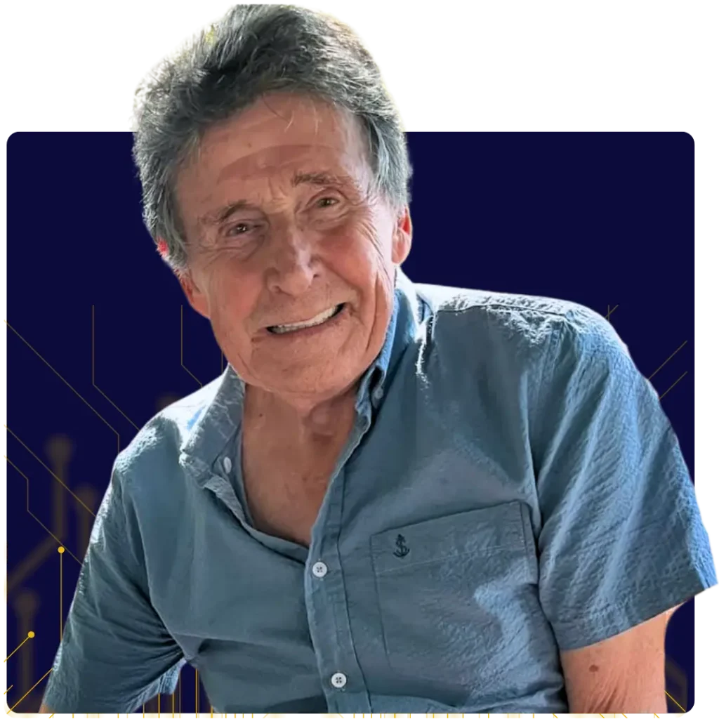 Smiling portrait of Jeff Sharman, your PLC training consultant, against a technical blue background.