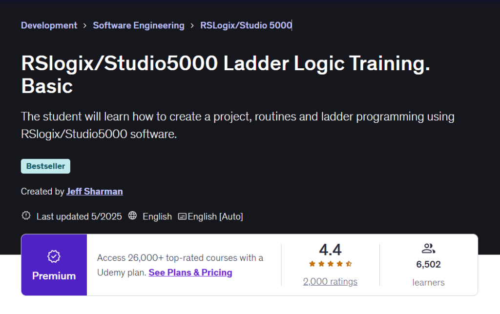 Udemy course page for RSLogix and Studio 5000 ladder logic training.