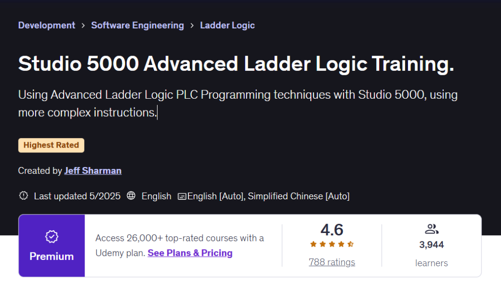 Advanced Studio 5000 ladder logic training course on Udemy.