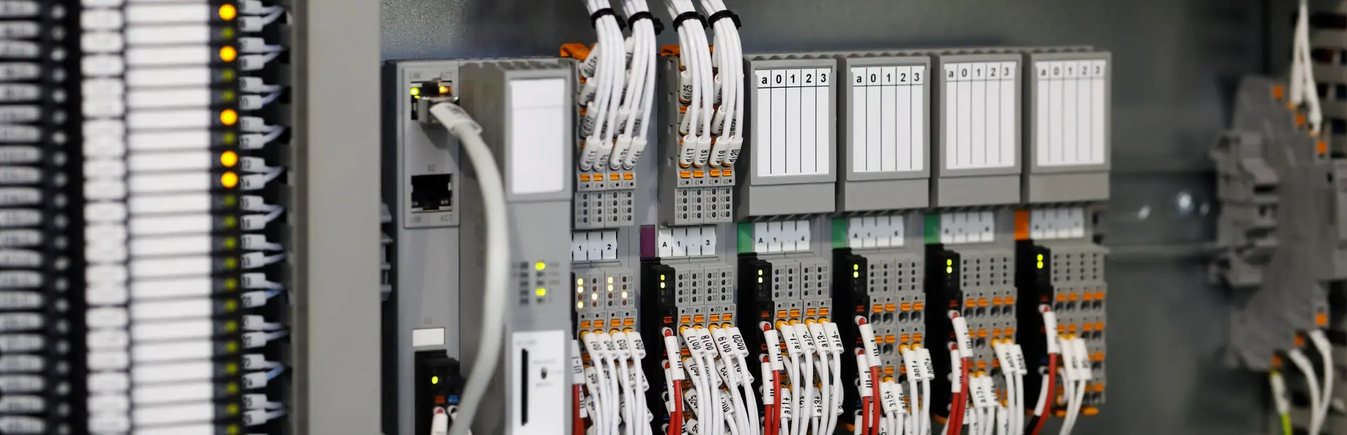 PLC control cabinet with industrial I/O modules and neatly labelled wiring.
